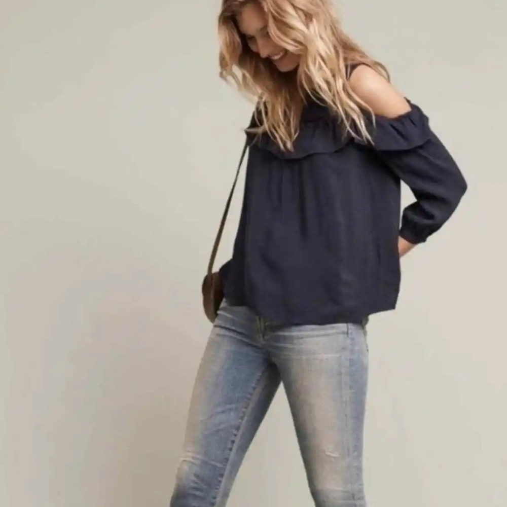 Anthropologie Maeve Open Shoulder Ruffle Shirt